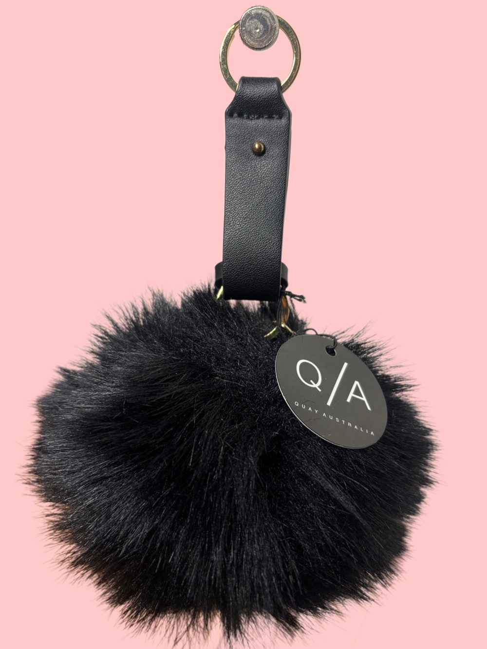 QUAY AUSTRALIA LARGE BLACK POM POM KEYCHAIN/BAG CHARM W/GOLD ACCENTS